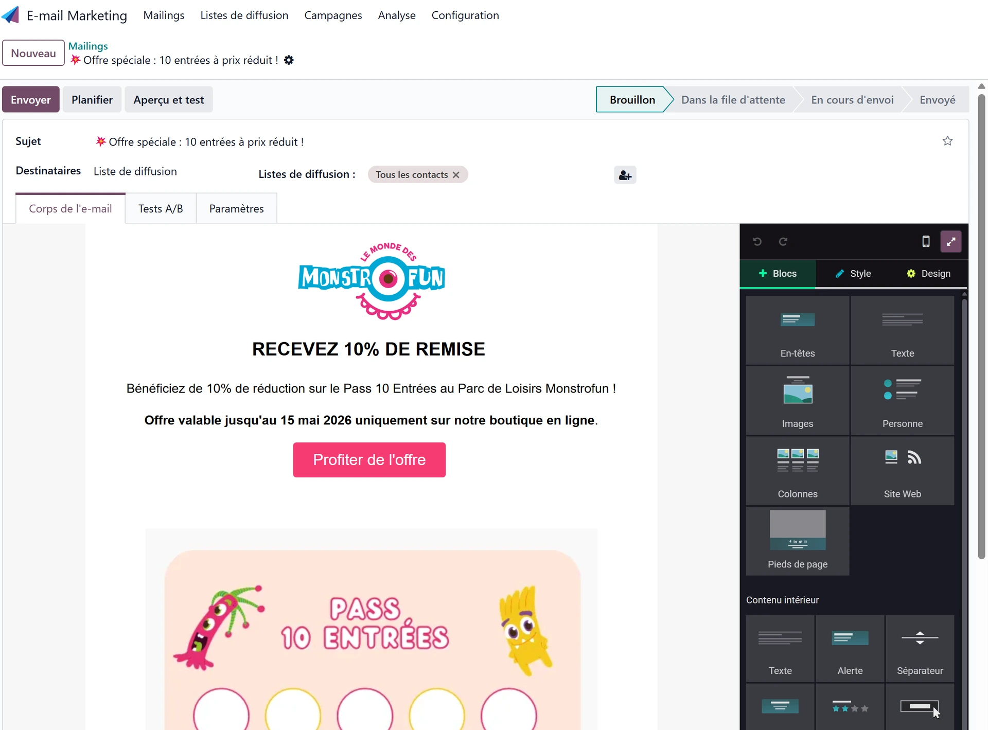 Gestion du contenu de newsletter avec Odoo E-mail marketing